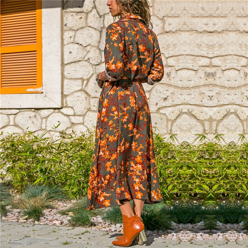 

Diiwii Summer Long Women Floral Print Boho Sleeve Turn Down Collar Shirt Dress Ladies Casual