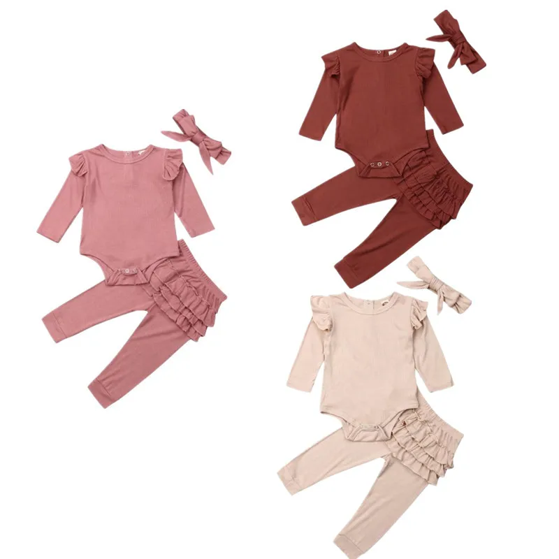 

Baby Clothes 2019 Newborn Baby Girl Autumn Outfits Clothes Knitted Bodysuit Top Ruffle Pants Headband 3pcs Set