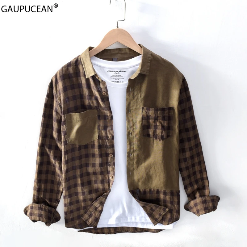 

Linen Cotton Cool Breathable Anti-static Man Casual Shirt Beach Patchwork Hawaiian Coffee Male Plaid Long Sleeve Men Shirts