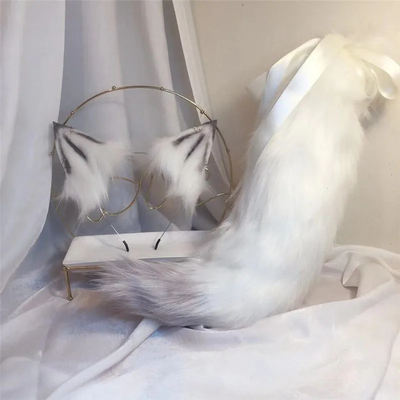 

Christmas Halloween Cosplay Accessory Handmade White Wolf Ear Anime Wolves And Cats Fox Ear Hair Hoop Headwear Tail