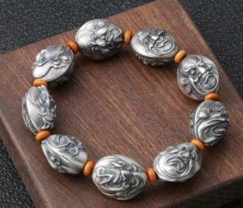 

Real 999 Pure Silver Bracelet Link Eighteen Arhats Buddhism Beads Chain A2798