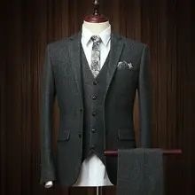 Дизайнерский мужской костюм в елочку из 3 предметов, шерстяной черный винтажный деловой костюм, смокинг для выпускного вечера