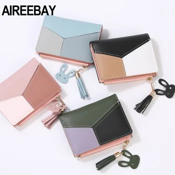 

AIREEBAY Wallet Short Women Wallet Zipper Purse Patchwork Fashion Panelled Leather Wallets Trendy Tassel Coin Purse Card Holder