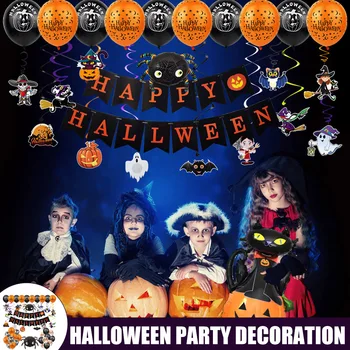 

Newly Halloween Party Decoration Set Happy Halloween Banners Balloons Hanging Cards Inflatable Props Set