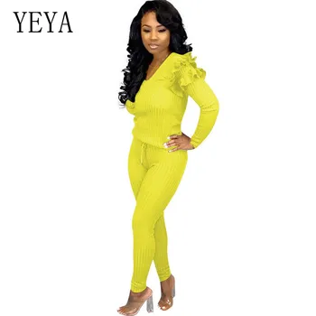 

YEYA Winter Solid Casual Knit Women's Set Ruffles Spling Long Sleeve Sweater Pants Suit Two Piece Set Outfits Lady Matching Sets
