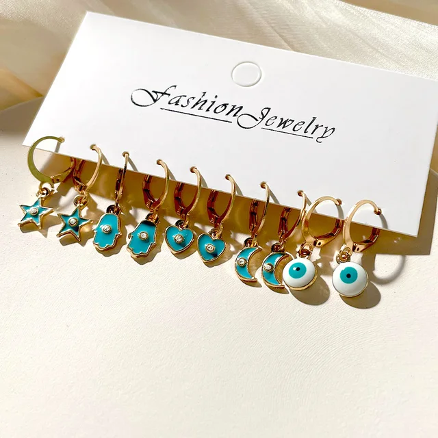 Flatfoosie 5Pair Pink Blue Heart Butterfly Drop Earrings Set For Women Boho Cute Star Moon Eye Dangle Earring 2022 Trend Jewelry 157902BL