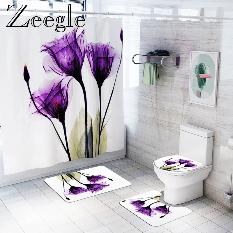 Zeegle Funny Shower Curtain Non-slip Bathroom Carpet Shower Mat Absorbent Toilet Rug Bathroom Carpet Washable Bath Mat Set