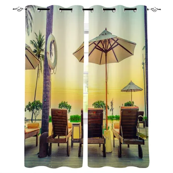 

Twilight Dusk Beach Umbrella Deck Chair Retro Window Curtains Home Decor Bedroom Kitchen Curtain Panel Curtains for Living Room