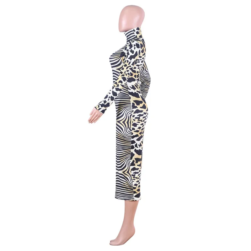 Adogirl/женское Платье макси с принтом зебры и леопарда, Осень-зима, облегающее длинное Клубное платье с высоким воротом и длинным рукавом, vestidos