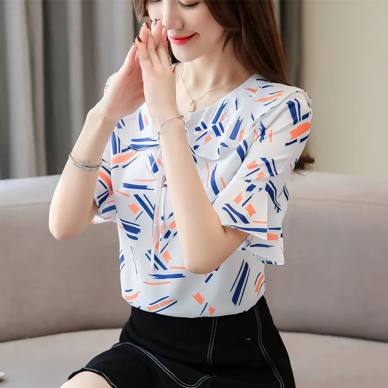  2019 Floral-Print Chiffon Blouse WOMEN'S Short Sleeved Summer Wear New Style Debutante Elegant Loos