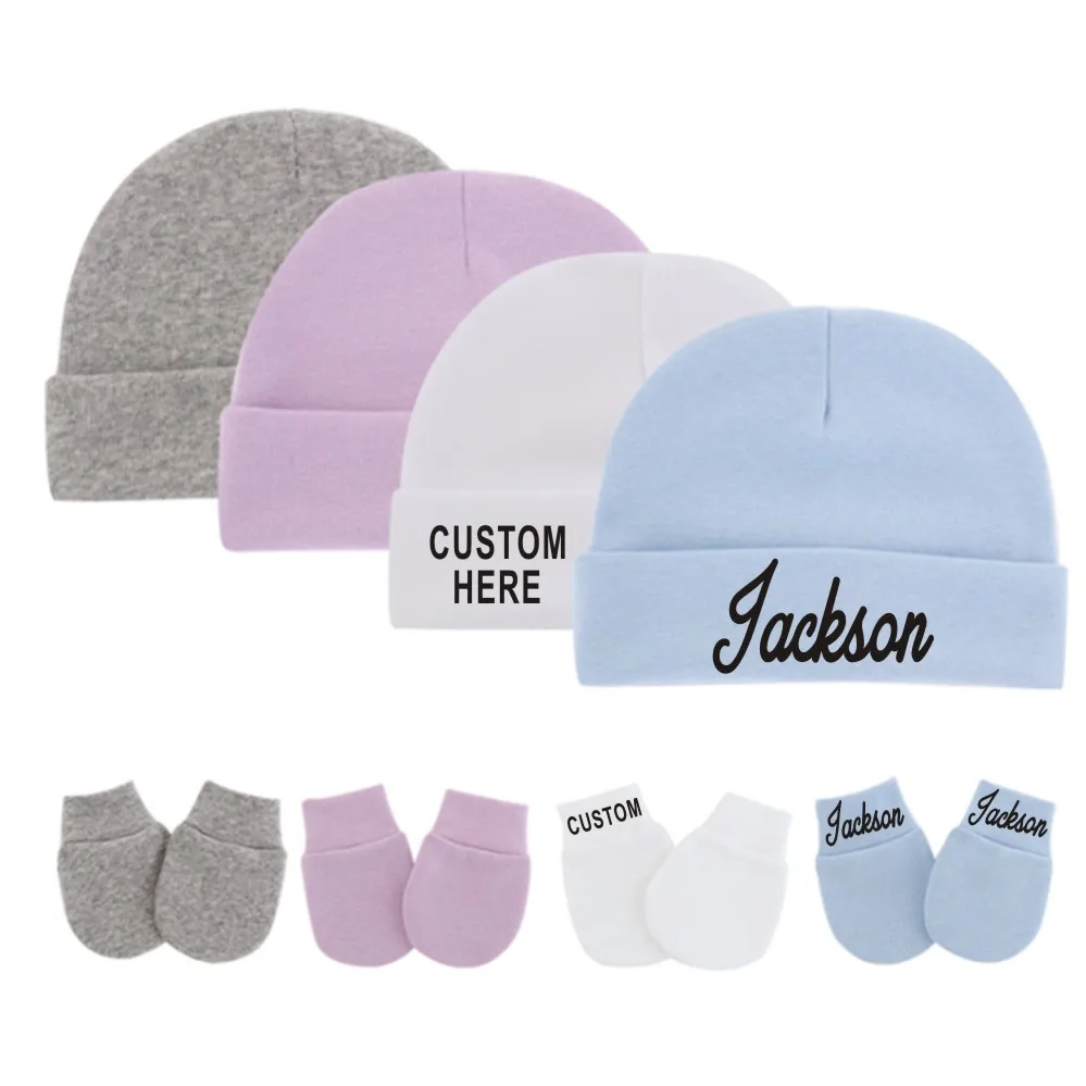 Personalisierte Neugeborenen Baby Hut & Handschuhe für 0-3M Baby Baumwolle Hüte Anti-Scratch Handschuhe Custom Name unisex Baby Hut und Handschuhe Set