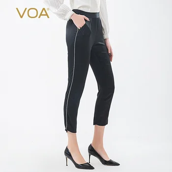 

VOA Silk Inkiness Elastic Waist White Rolloff xie cha dai Casual Sheath Slim Fit Skin Capri Harem Pants Women's KJ63