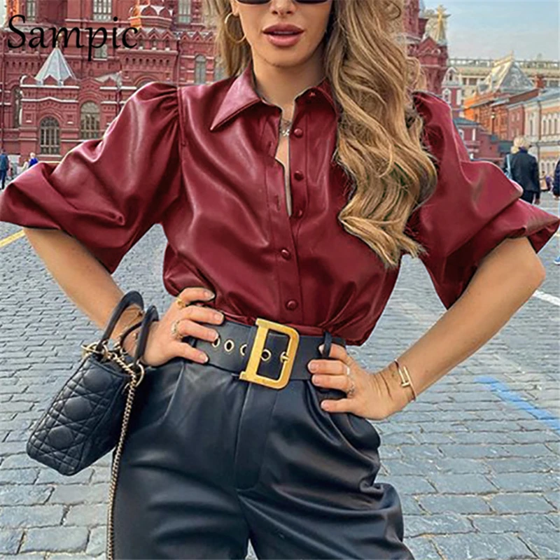 Sampic женская блузка из искусственной кожи с длинным рукавом пышная винтажная