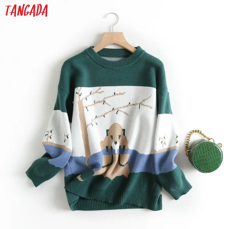 Tangada женский сладкий зеленый мультфильм parttern джемпер свитер Корейская мода с длинным рукавом О-образным вырезом пуловеры Топы BC47