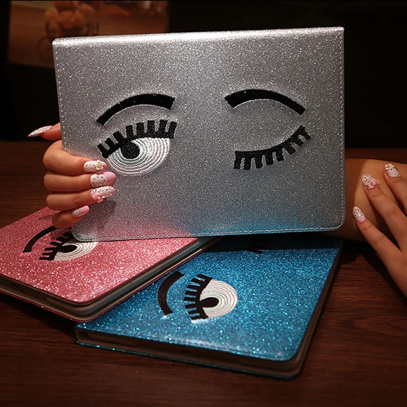 

Case For iPad 2017 2018 Big Eyes Silicone soft Back Cover Flip Smart Stand Shining PU Leather Case For Apple iPad 9.7 inch