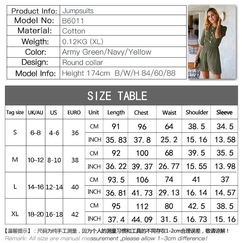 DANJEANER Summer Button Cotton Solid Jumpsuit Women Overalls Office Ladies Half Sleeve Rompers Elastic Waist Slim Work Playsuit DANJEANER Summer Button Cotton Solid Jumpsuit Women Overalls Office Ladies Half Sleeve Rompers Elastic Waist Slim Work Playsuit