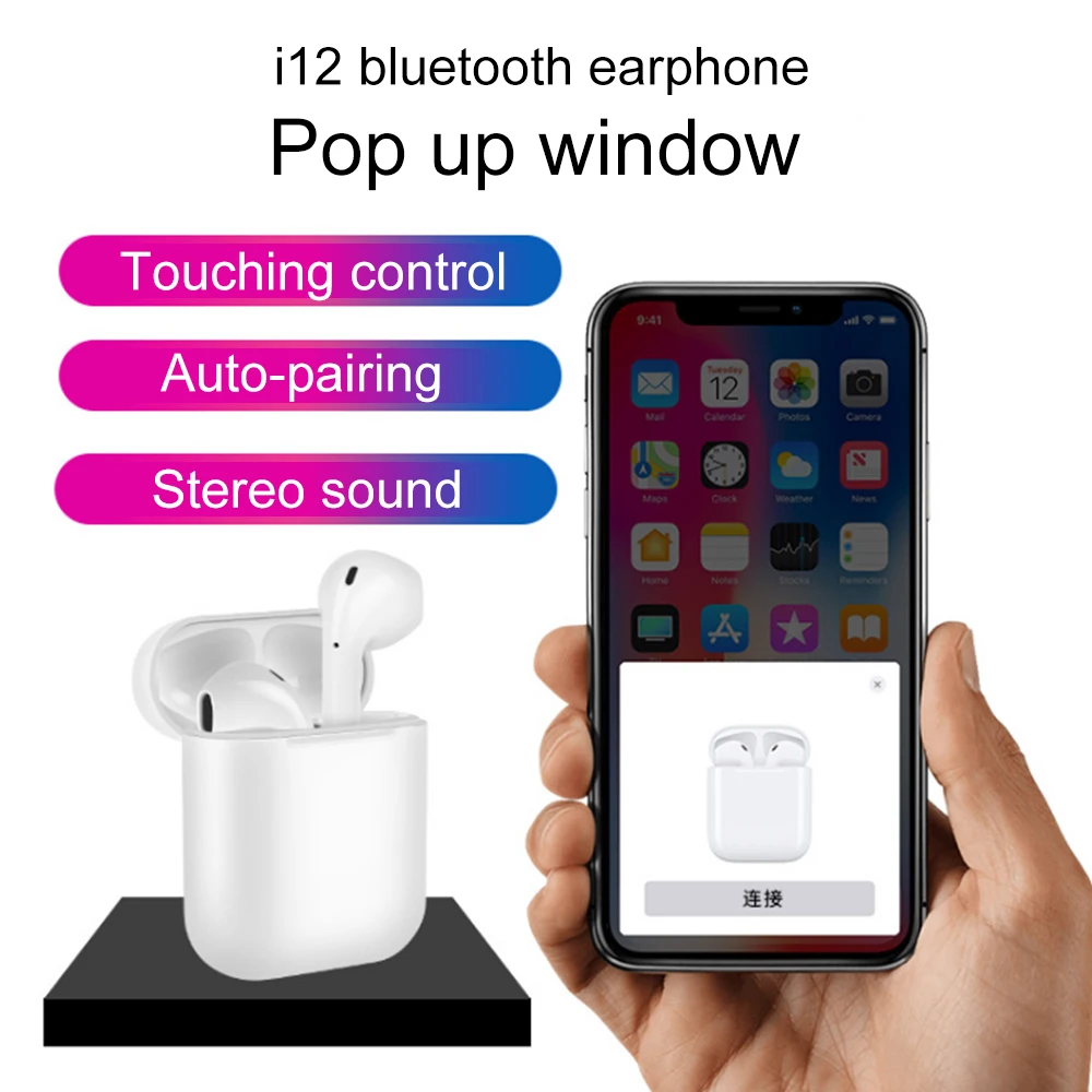 

i12 TWS Pop Up Wireless Bluetooth Earphones 5.0 Touch Control True Wireless Earbuds with Microphone Charging Box Original 2019