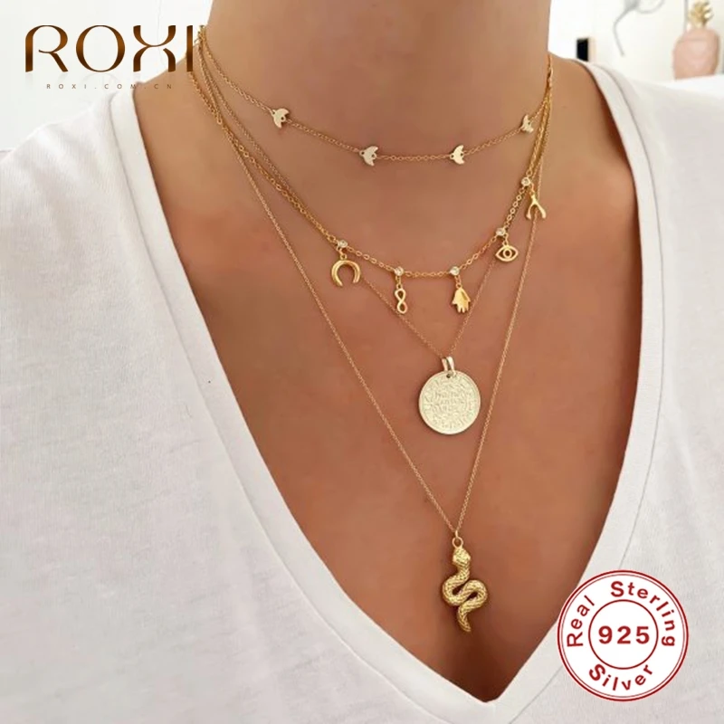

ROXI Vintage Snake Pendant Necklace for Women Men 925 Sterling Silver Chains Clavicle Necklaces Collar Jewelry Collares Mujer