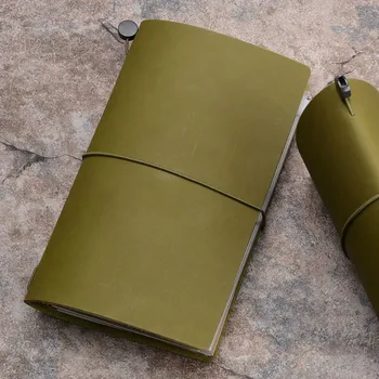 

Olive Green Genuine Leather Journal Set Blank+Lined+Grid Paper 240P Thick Portable Notebook 220mm*125mm