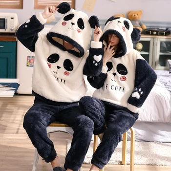 

Hooded Cute Couple Sleepwear Flannel Winter Women's Pajamas Sets Thicken Warm Top+Pants Female Home Clothes Christmas Pyjama