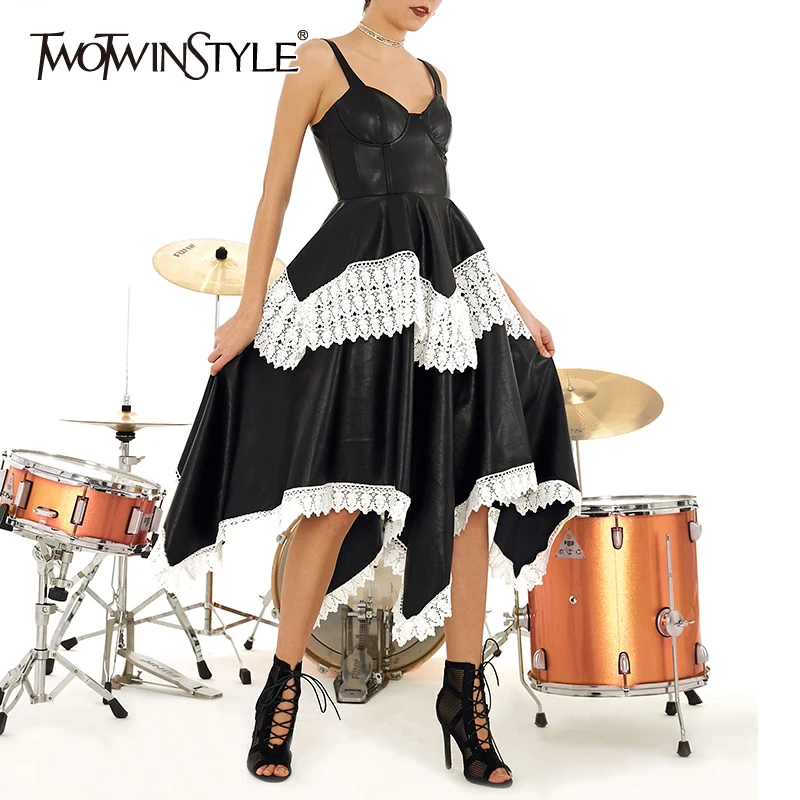 TWOTWINSTYLE Patchwork Lace PU leather Dress For