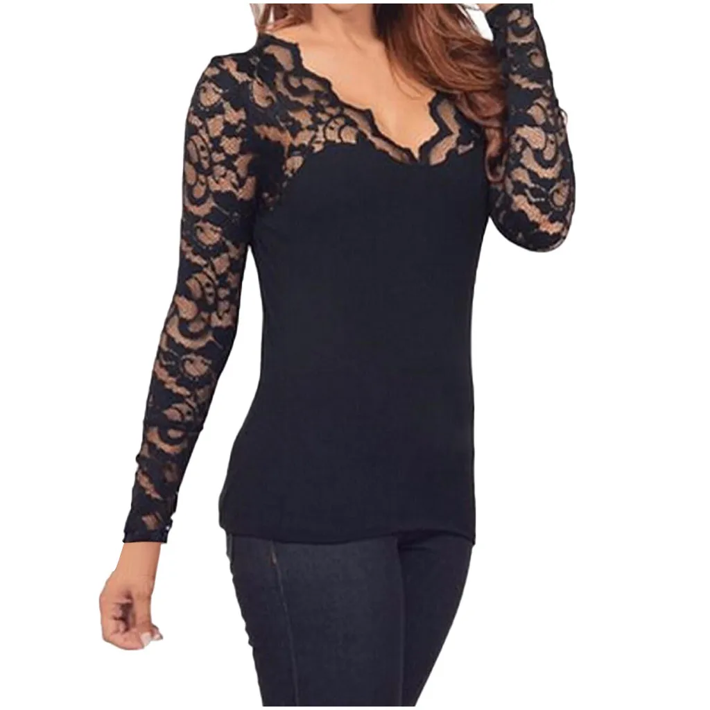 

Blouse 2020Top Women Long Sleeves V-neck Lace Floral Stretchy Casual Tops Blouse Sexy Lace Print Underwear Mesh Backing Blusa