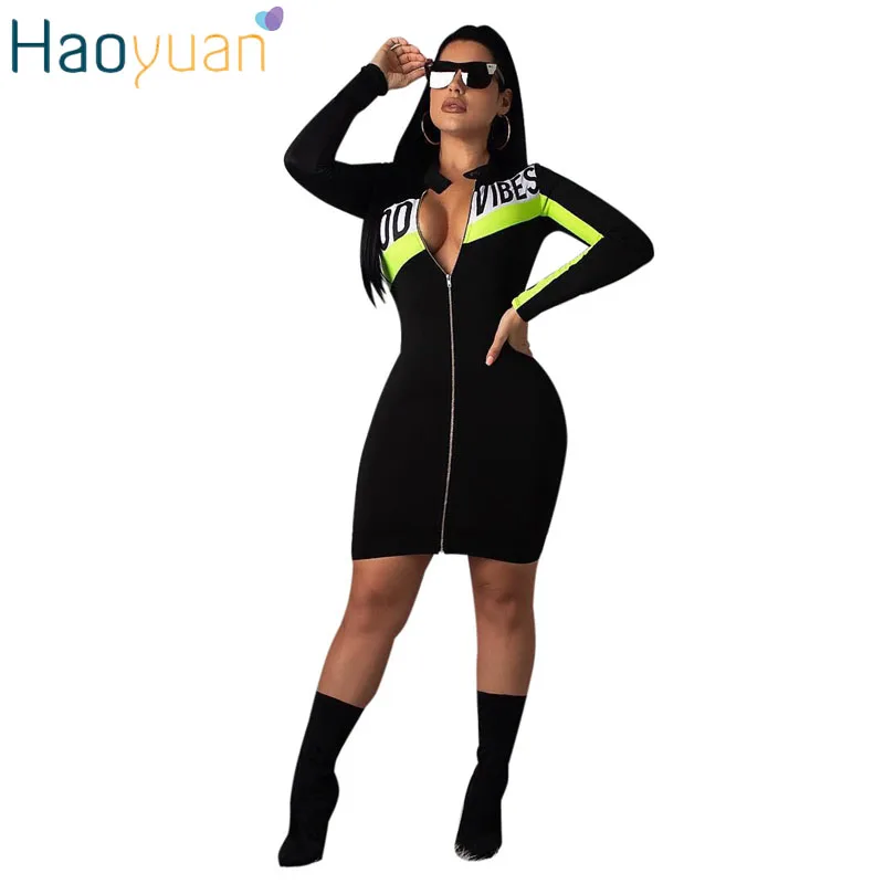 HAOYUAN с принтом в стиле пэчворк платье на молнии с длинным рукавом Bodycon Мини платья осень Сексуальная Повседневная Клубная одежда Вечерние Большие размеры Vestidos