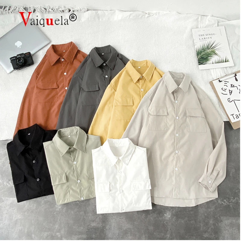 

Shirt men's spring summer solid color long-sleeved shirt Korean version student bottoming shirt men's loose jacket shirt for men