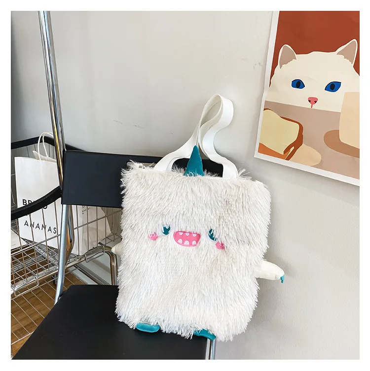 Winter Soft Plush Shoulder Bag Women Cute Little Monster Embroidery Handbags Faux Fur Women Bags Student Book Bag Shopper Bag handbags