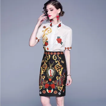 

Fashion Summer Vintage Suits Women's Beading Animal Printed Shirt+Elegant Tassel high waist Skirt Two Pieces Set