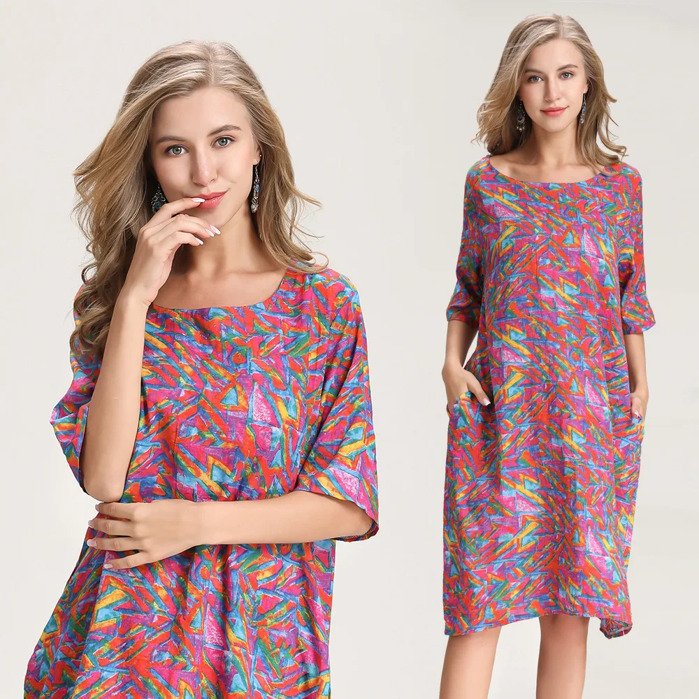 

2019 Europe And America Summer New Style Mid-length Printed Side Edge Double Pocket Loose-Fit Slimming Dress Women's