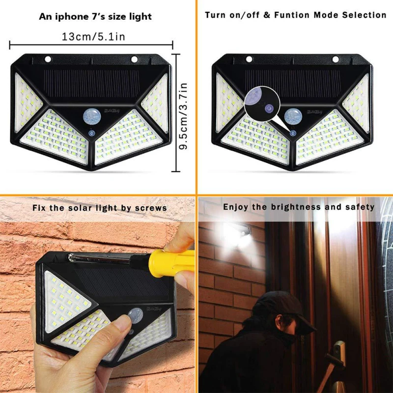 4/2/1Pcs Solar Powered Sunlight Waterproof Light 100 LED Outdoor Lamp PIR Motion Sensor Wall Lighting Solar Powered for Garden