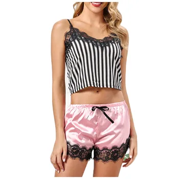 

2020 New Ladies Women Silk Satin Sexy Flowers Floral Lace Pajamas Underwear Women Suit Shorts Pajamas Lingerie