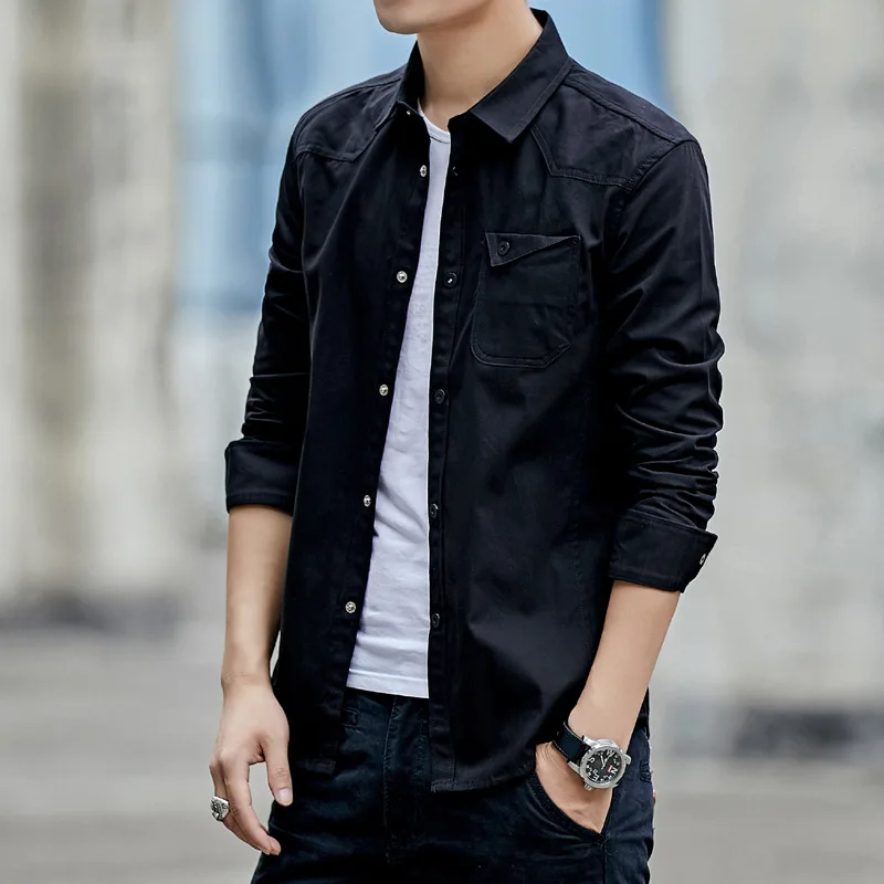 black Casual Shirt Мужские рубашки, повседневная хлопковая рубашка в стиле милитари, Красная приталенная винтажная куртка с карманом и длинным рукавом, уличная одежда, Прямая поставка - Цвет: black Casual Shirt
