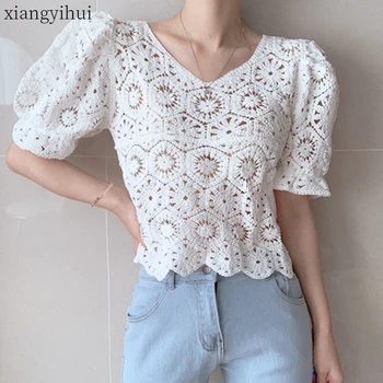 

Sexy Hollow Out Lace Shirt Women Female Casual Summer Short Sleeve Blouse Solid Fashion Chic Loose Beige White Shirts