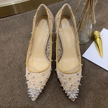 

Lace Hapucky Women's Shoes Thin Heels Ladies Pumps Luxury Fashion Shoes For Women Slip-On Rivet Pointed Toe Party Wedding Pumps