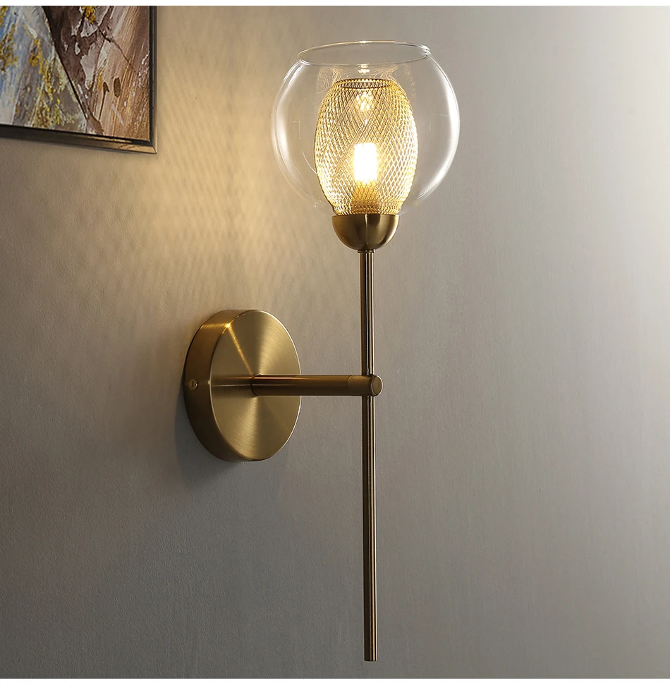 YOOGEE Роскошный металлический настенный светильник, металлический длинный подвесной светильник с проволочной сеткой, прозрачный стеклянный абажур, латунный настенный светильник для ванной комнаты