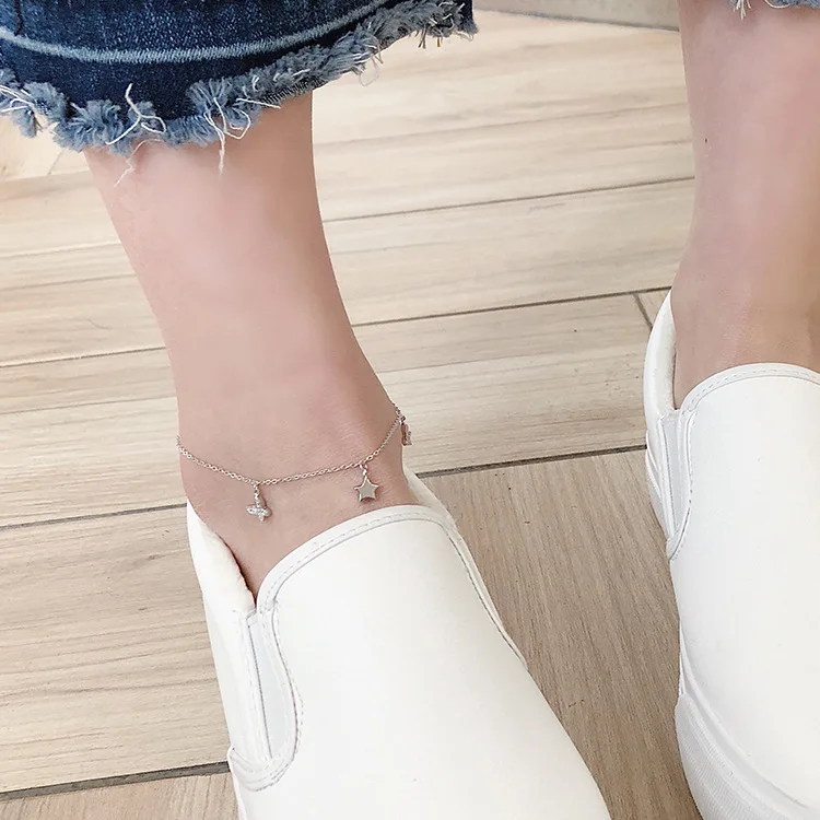 

Korean-style Korean Style New Style S925 Fine Silver Anklet Women's Cool Simple Elegant Silver Butterfly Star Fashion Foot Ornam