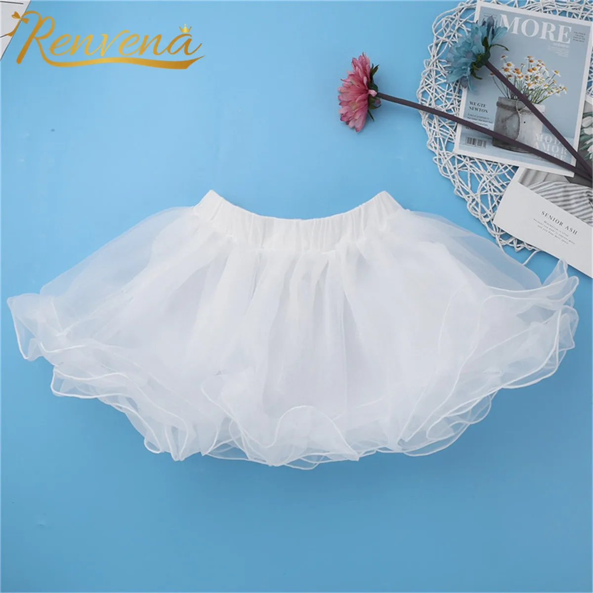 Girl's Petticoat 3 Layers Organza White Underskirt Kids Flower Girls Crinoline Slip Ballet Tutu Skirt Wedding Petticoats No Hoop
