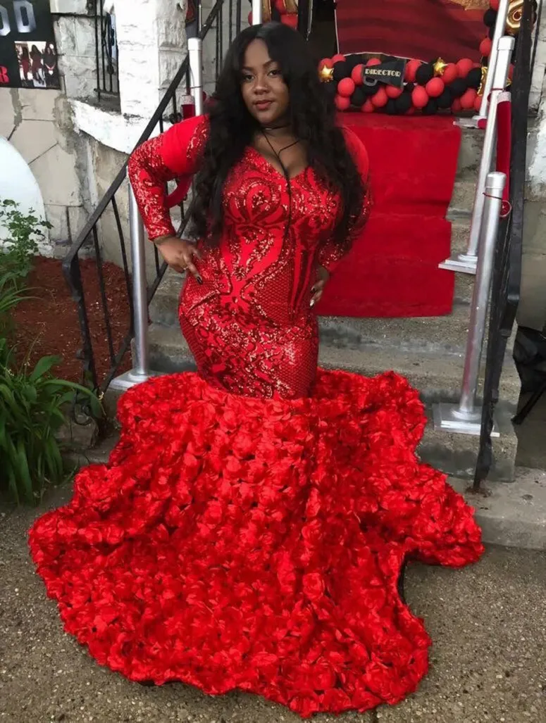 

Luxury Red Sequins Flowers Lace Evening Gown Long Sleeves Women Plus Size Dress vestidos de fiesta de noche