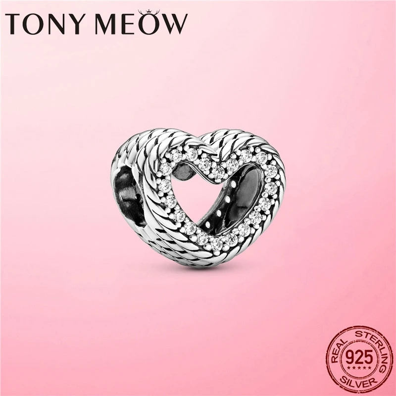 

2020 New 925 Sterling Silver Snake Chain Pattern Open Heart Charm fit Original Pandora Beads Bracelet Silver 925 Jewelry Gift