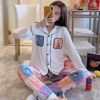 

2020 Spring Long Sleeve Pajama Set for Women Comic Print Cardigan Sleepwear Suit Homewear Loungewear Pyjama Pijama Mujer Clothes