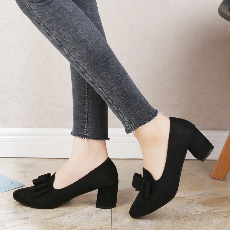 Плюс Размеры Ol Офисные женские туфли обувь не сужающийся к низу каблук Туфли под платье женские туфли-лодочки женские туфли на высоком каблуке с бантом; туфли-лодочки Zapatos mujer N7732