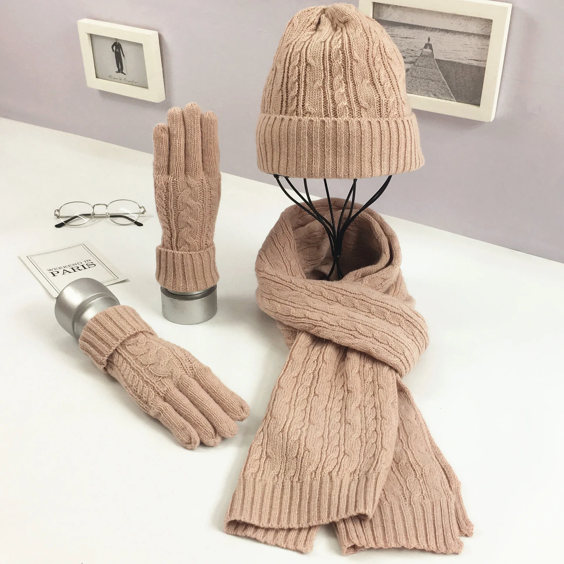 Европейский и американский стиль, осенне-зимний модный вязаный шерстяной комплект из 3 предметов, однотонный теплый пуловер, шапка, шарф, перчатки