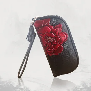 

Chinese style Ladies handbag women's genuine leather clutch bag peony flower lady fashion leather card holder wallet coin purse