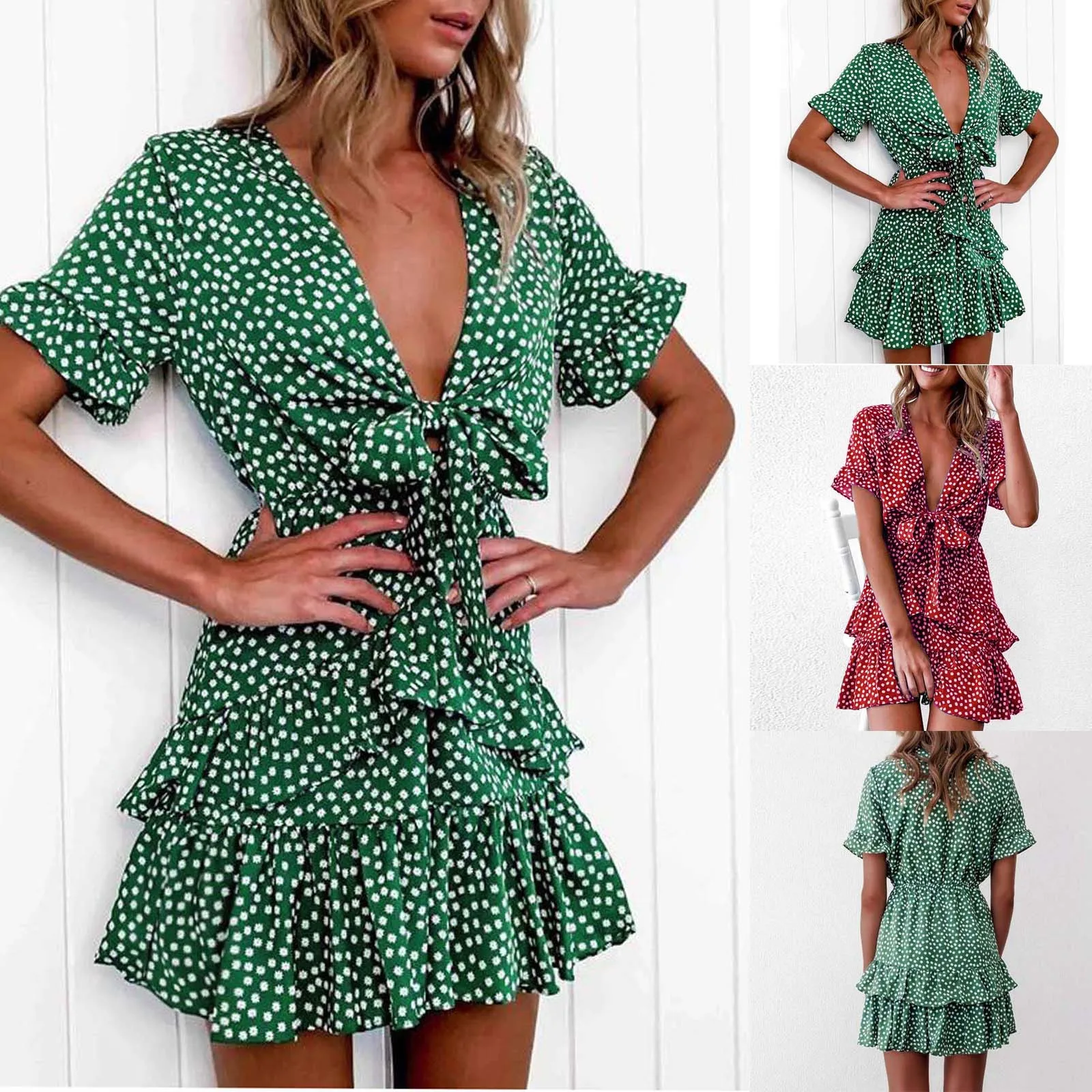 Women Summer Dress Broken Flower Print Ruffle Sexy Deep V Neck Dress Short Sleeve Bow Tie Knee-Length Vintage Mujer Vestido 1