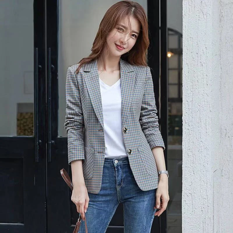 

Vintage Double Breasted Office Ladies Plaid Blazer Long Sleeve Elegant Slim Suit Coat Jacket Women blazers D559