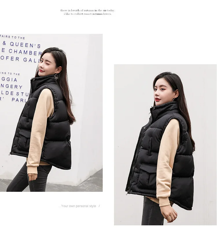 Down Feather Cotton Vest Autumn And Winter Tank Top New Style Short Cotton Coat Loose-Fit Medium-length Versatile Black Wai