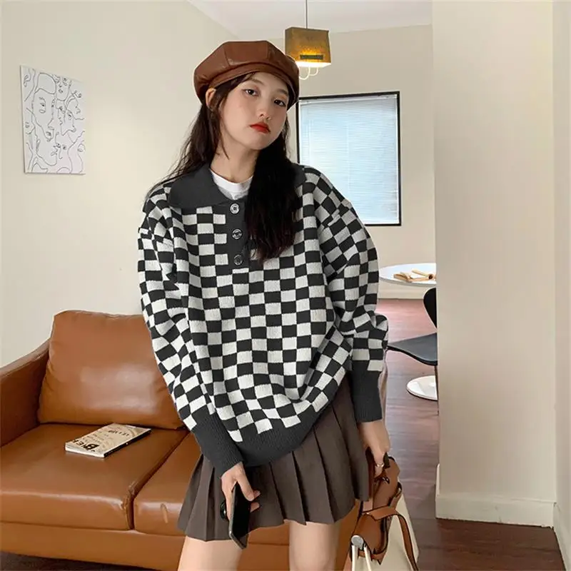 

Female Korean Harajuku Plaid Retro Y2k Loose Sweater Women's Sweaters Japanese Kawaii Ulzzang Vintage Clothing For Women