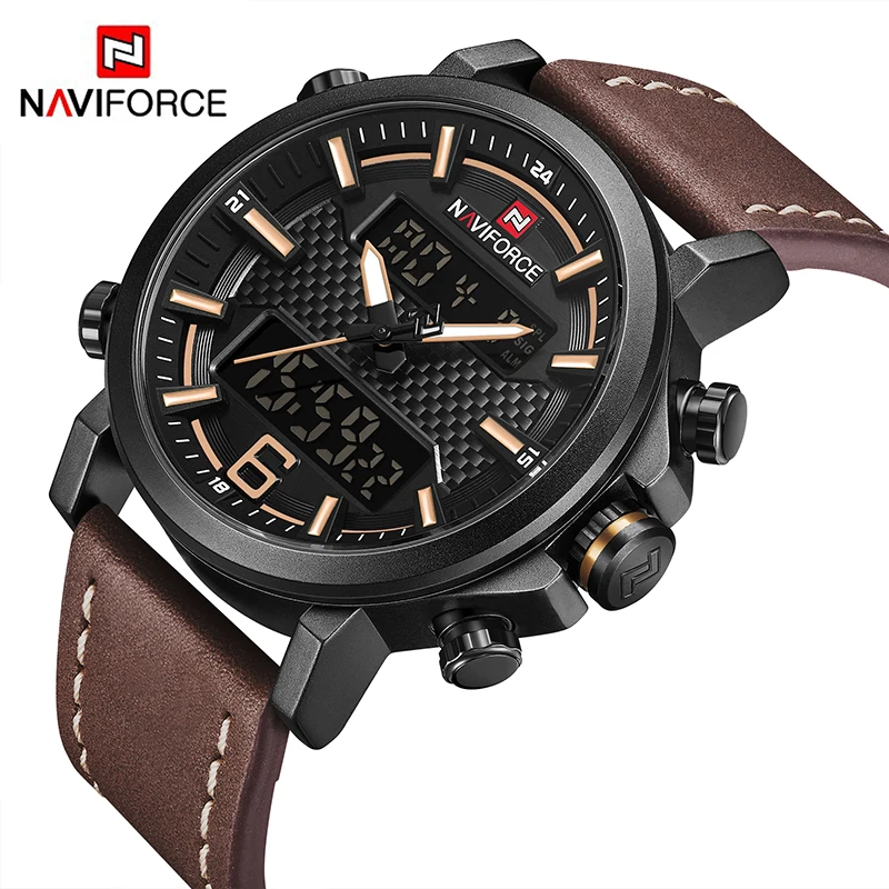 Часы NAVIFORCE мужские спортивные кожаные водонепроницаемые кварцевые светодиодные